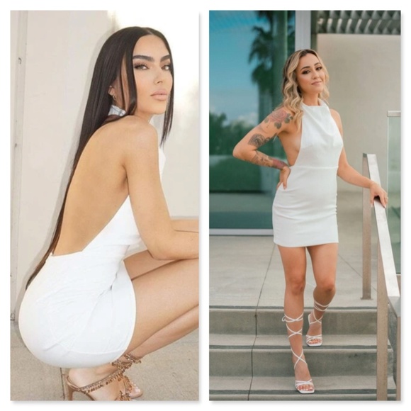 White Mini Dress Draped Front Backless Short Halter Neck - Picture 6 of 10